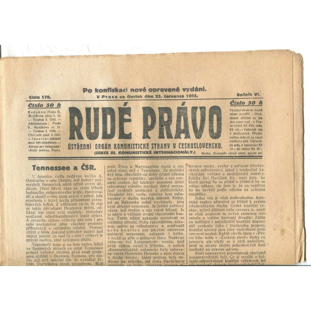 Rudé právo, ročník VI., číslo 170/1925 - staré noviny - [komunisté, komunismus]
