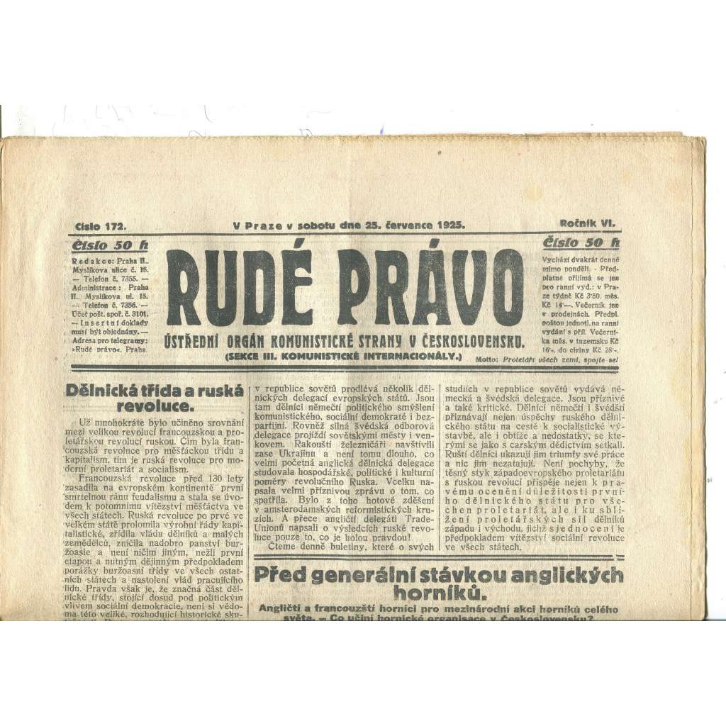 Rudé právo, ročník VI., číslo 172/1925 - staré noviny - [komunisté, komunismus]