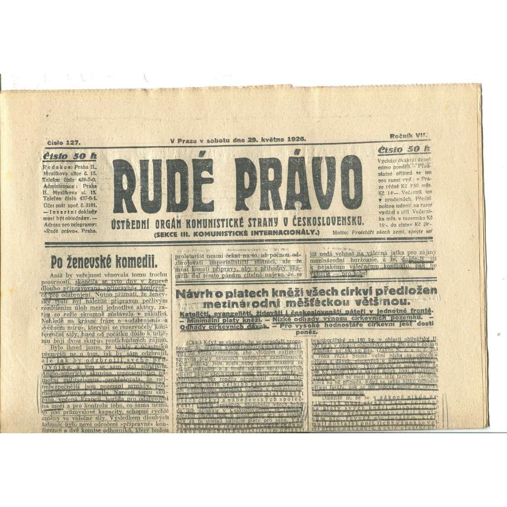 Rudé právo, ročník VII., číslo 127/1926 - staré noviny - [komunisté, komunismus] - nejsou kompletní