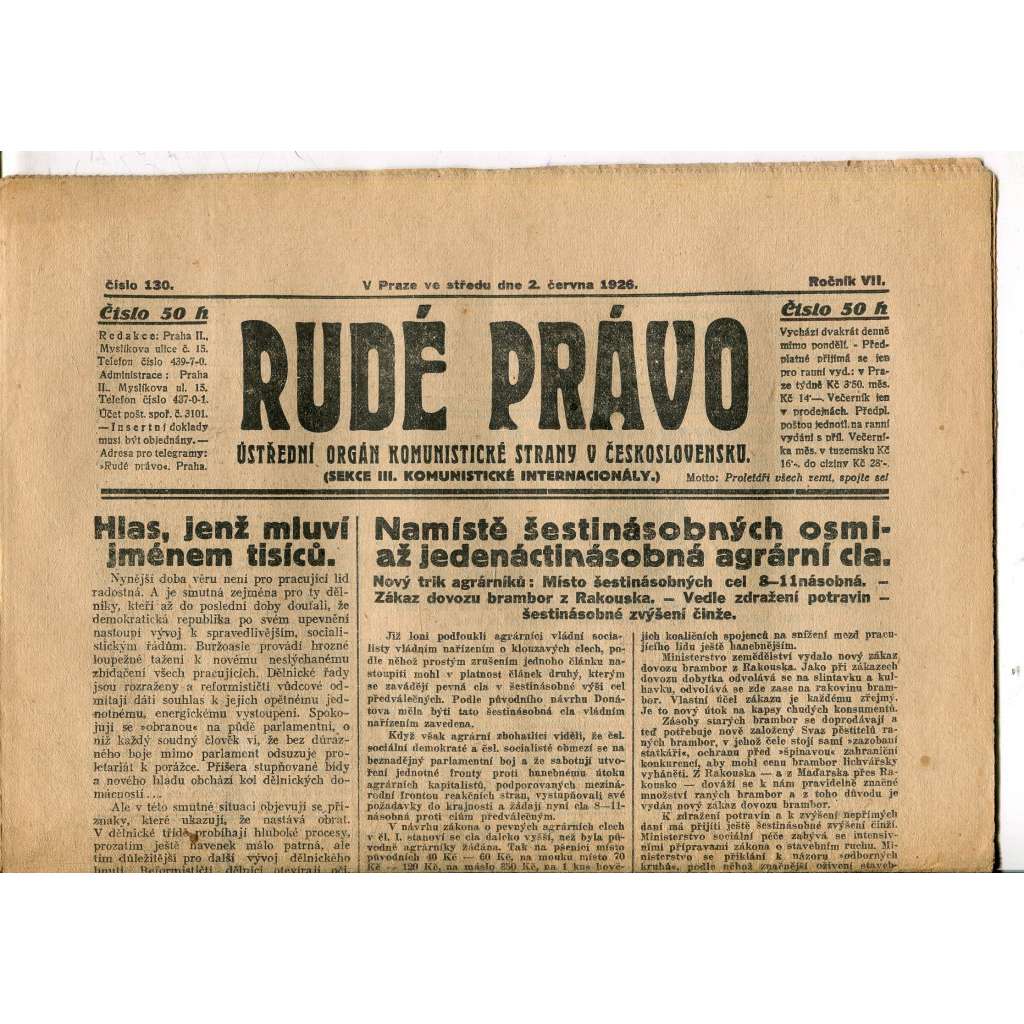 Rudé právo, ročník VII., číslo 130/1926 - staré noviny - [komunisté, komunismus]