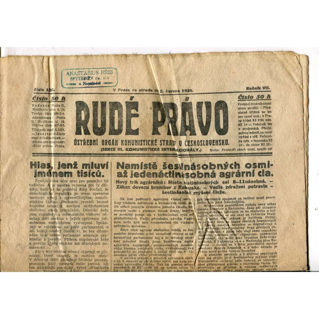 Rudé právo, ročník VII., číslo 130/1926 - staré noviny - [komunisté, komunismus]