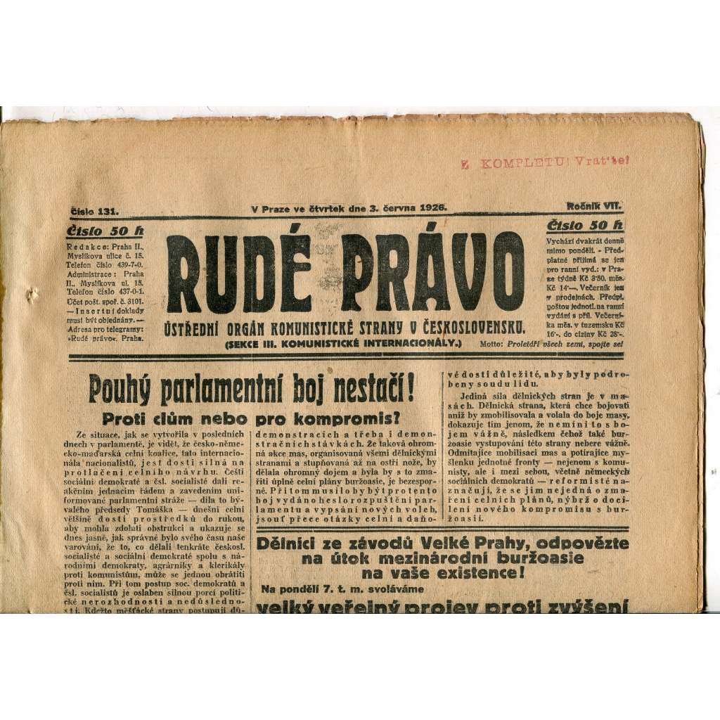 Rudé právo, ročník VII., číslo 131/1926 - staré noviny - [komunisté, komunismus]