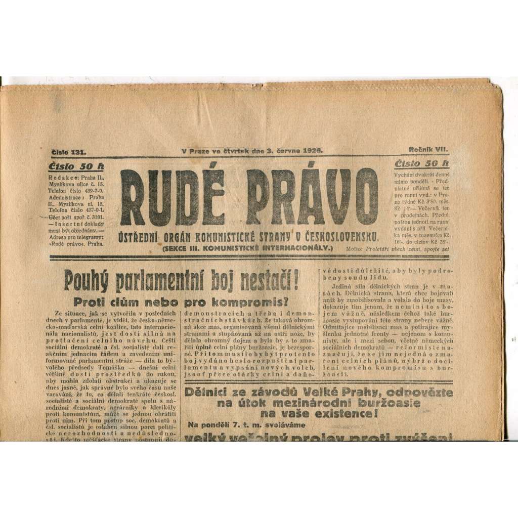 Rudé právo, ročník VII., číslo 131/1926 - staré noviny - [komunisté, komunismus]