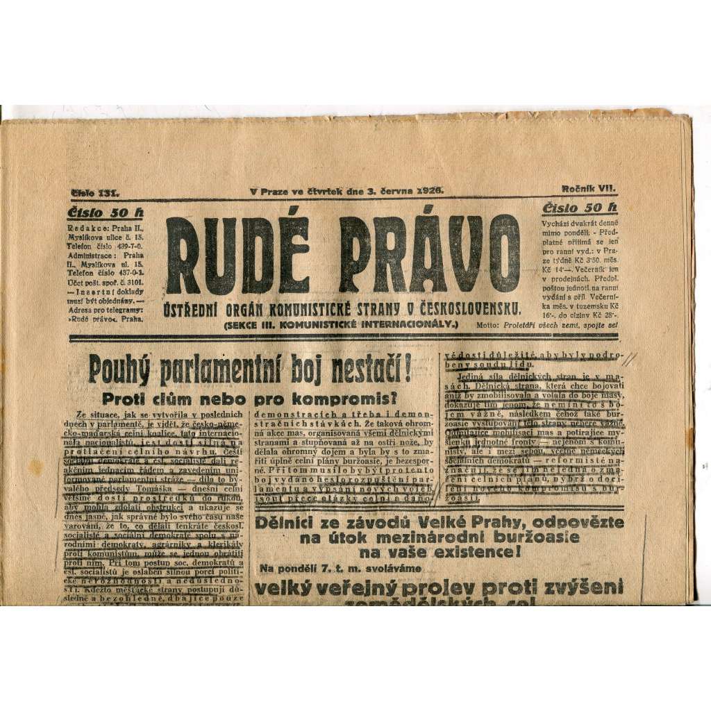 Rudé právo, ročník VII., číslo 131/1926 - staré noviny - [komunisté, komunismus] - pošk.