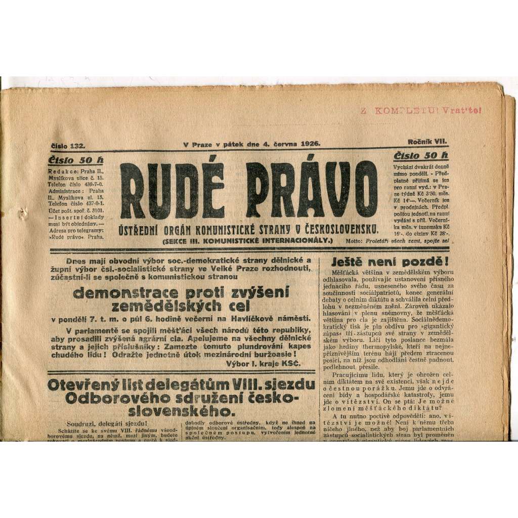 Rudé právo, ročník VII., číslo 132/1926 - staré noviny - [komunisté, komunismus]