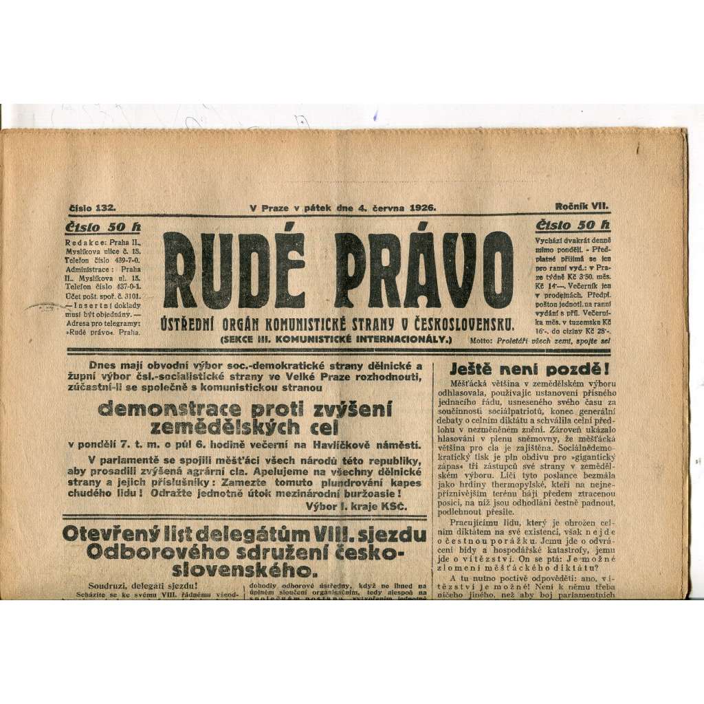 Rudé právo, ročník VII., číslo 132/1926 - staré noviny - [komunisté, komunismus]