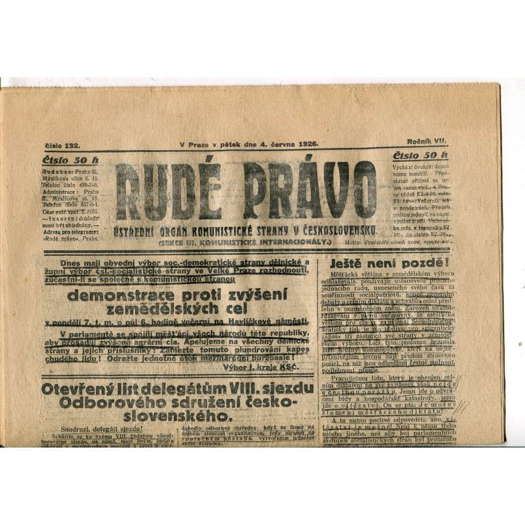 Rudé právo, ročník VII., číslo 132/1926 - staré noviny - [komunisté, komunismus]