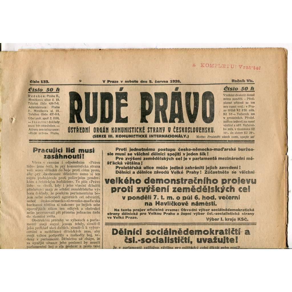 Rudé právo, ročník VII., číslo 133/1926 - staré noviny - [komunisté, komunismus]