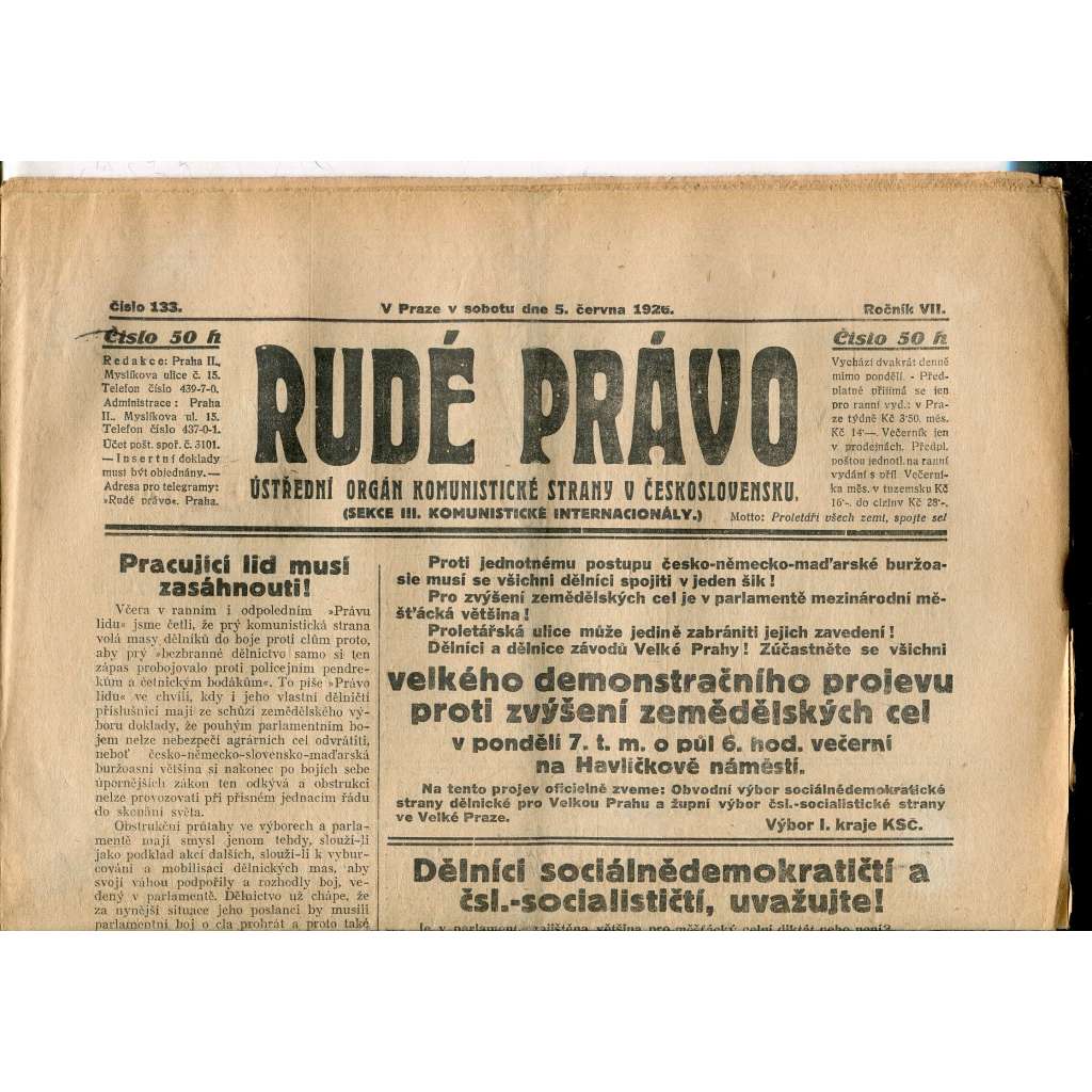 Rudé právo, ročník VII., číslo 133/1926 - staré noviny - [komunisté, komunismus]