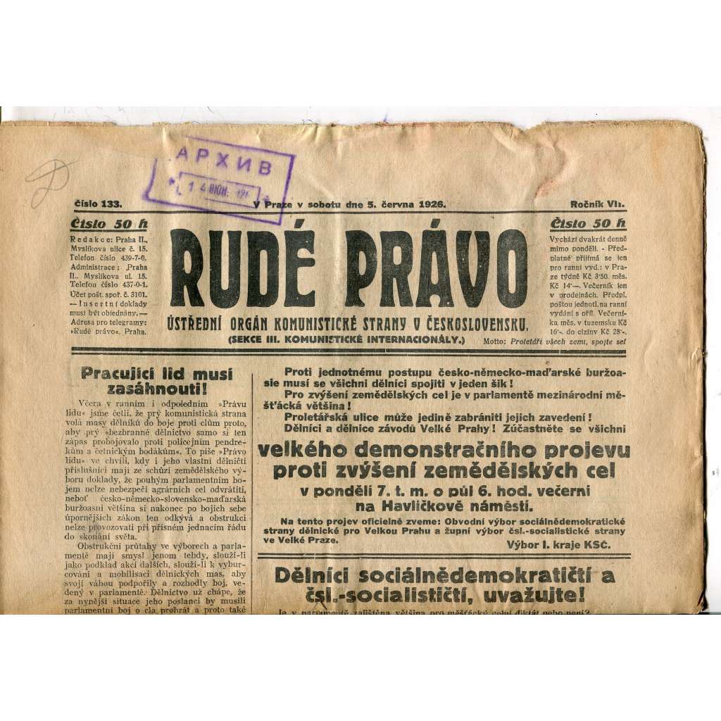 Rudé právo, ročník VII., číslo 133/1926 - staré noviny - [komunisté, komunismus]