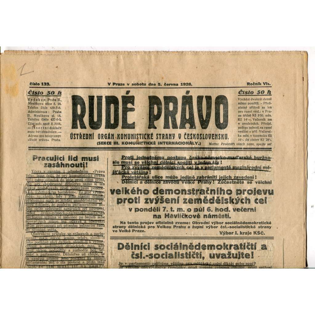 Rudé právo, ročník VII., číslo 133/1926 - staré noviny - [komunisté, komunismus] - pošk.