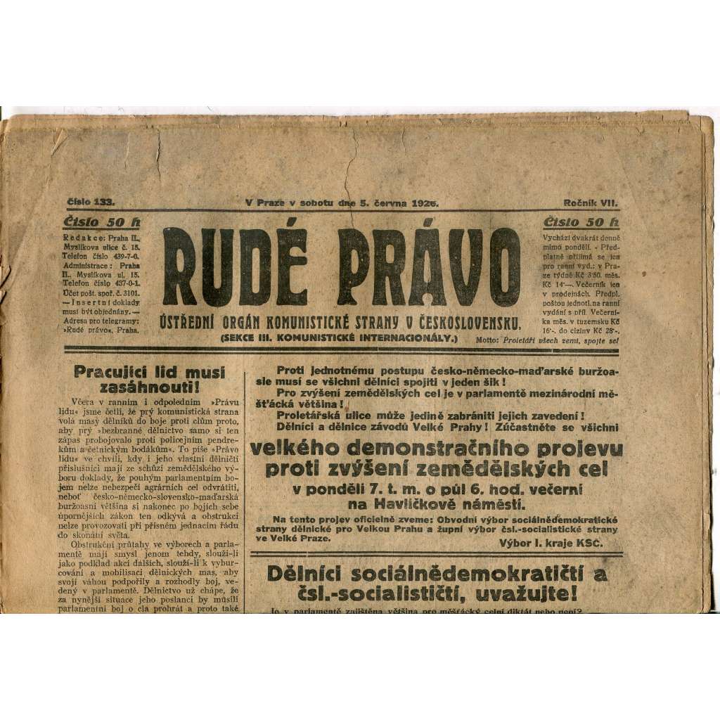 Rudé právo, ročník VII., číslo 133/1926 - staré noviny - [komunisté, komunismus]