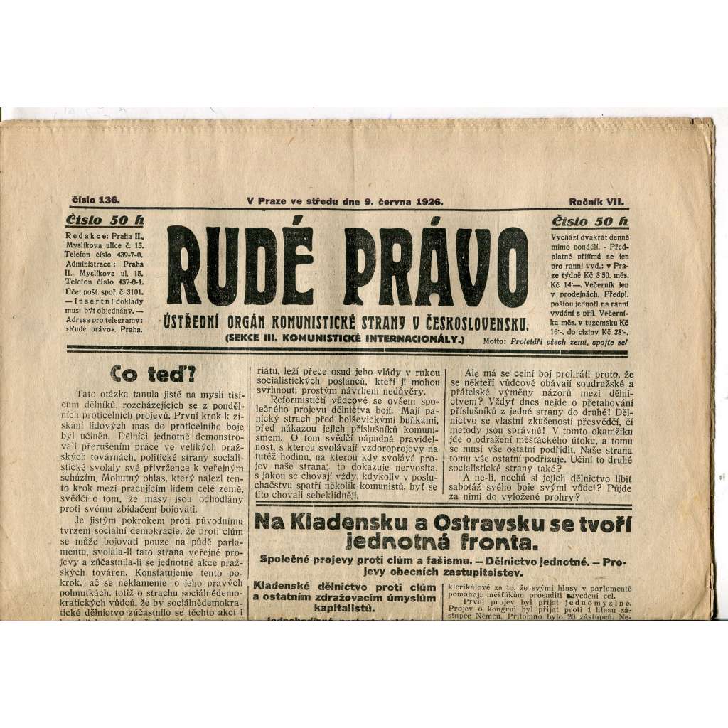 Rudé právo, ročník VII., číslo 136/1926 - staré noviny - [komunisté, komunismus]