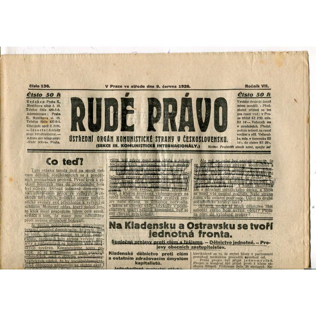 Rudé právo, ročník VII., číslo 136/1926 - staré noviny - [komunisté, komunismus] - nejsou kompletní