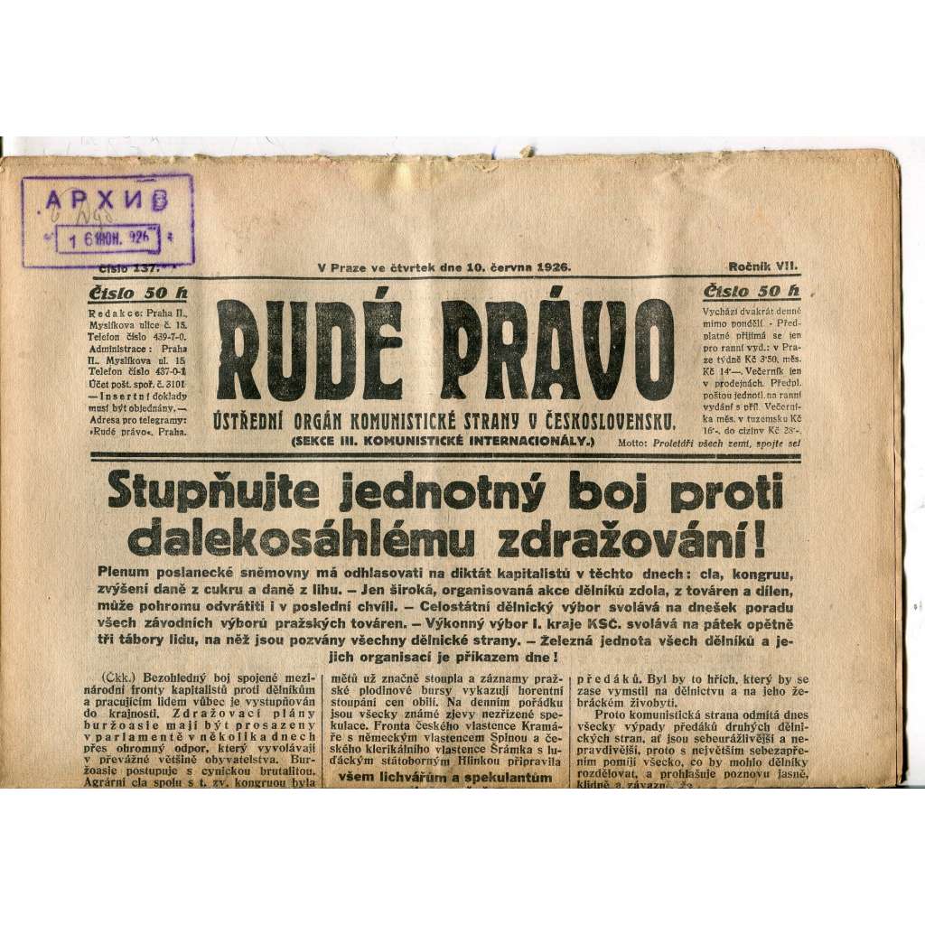 Rudé právo, ročník VII., číslo 137/1926 - staré noviny - [komunisté, komunismus]