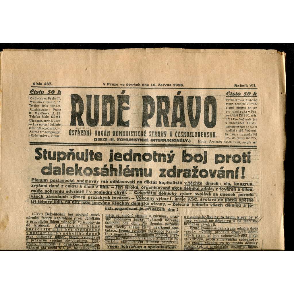 Rudé právo, ročník VII., číslo 137/1926 - staré noviny - [komunisté, komunismus] - pošk.