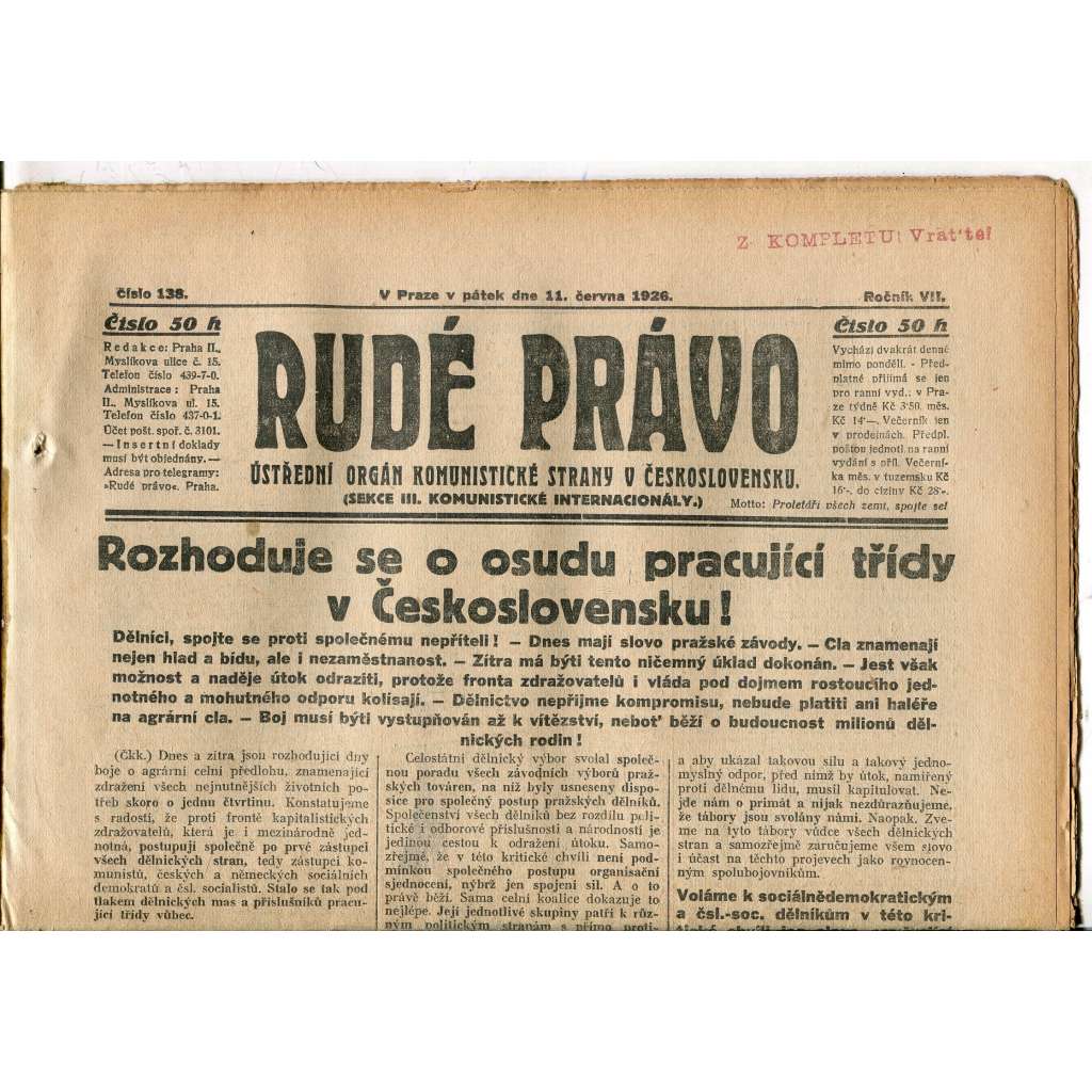 Rudé právo, ročník VII., číslo 138/1926 - staré noviny - [komunisté, komunismus]