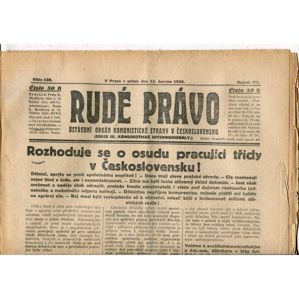 Rudé právo, ročník VII., číslo 138/1926 - staré noviny - [komunisté, komunismus]
