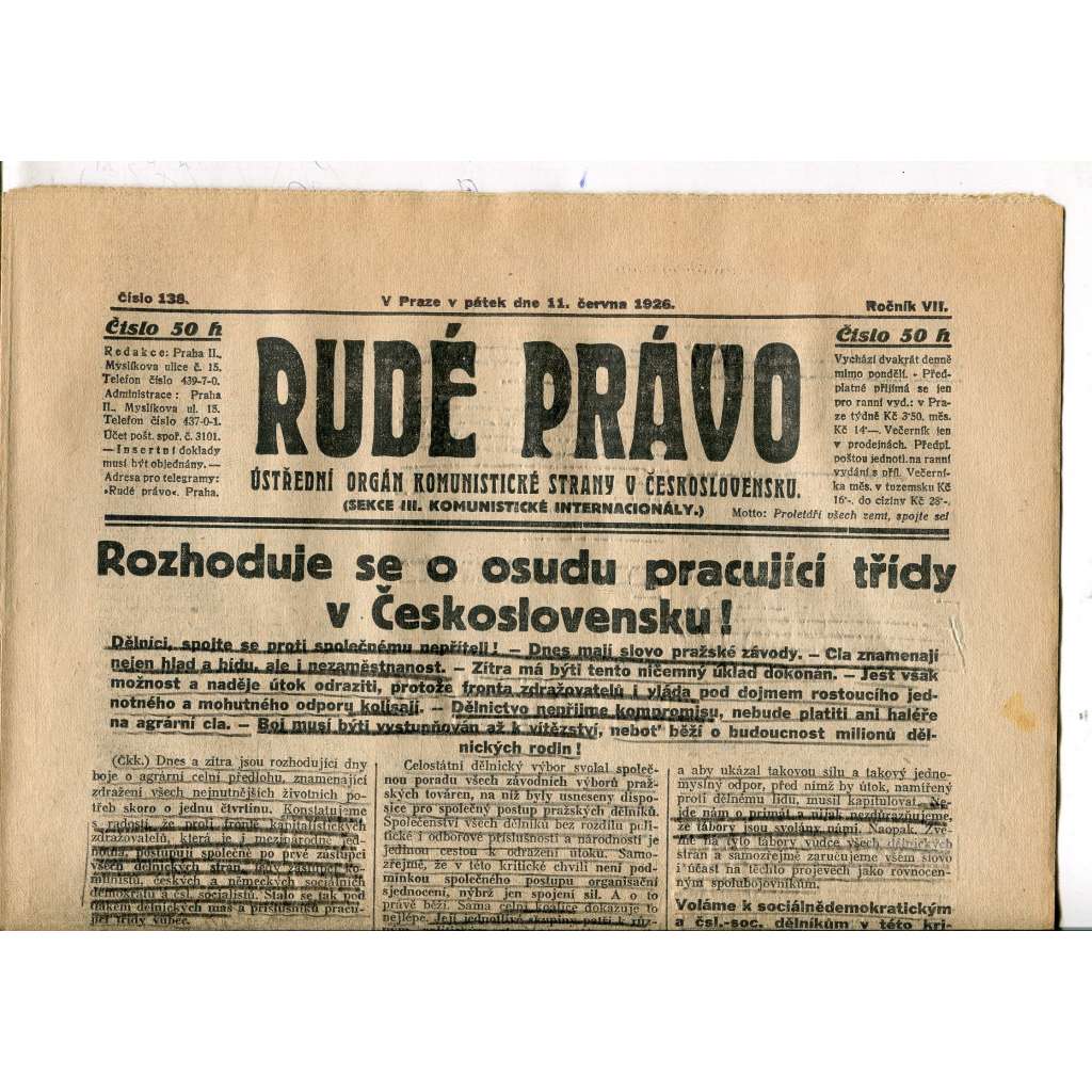 Rudé právo, ročník VII., číslo 138/1926 - staré noviny - [komunisté, komunismus] - nejsou kompletní