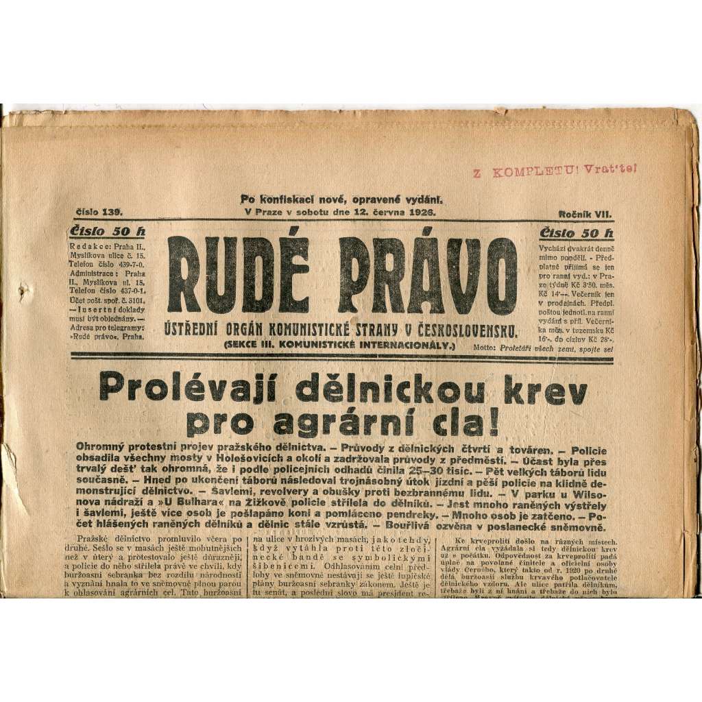 Rudé právo, ročník VII., číslo 139/1926 - staré noviny - [komunisté, komunismus]