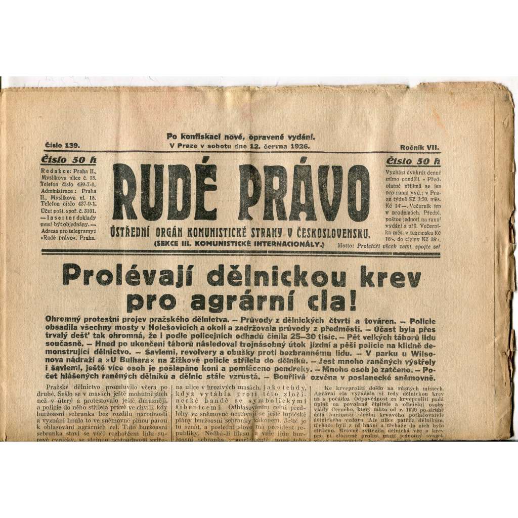 Rudé právo, ročník VII., číslo 139/1926 - staré noviny - [komunisté, komunismus]
