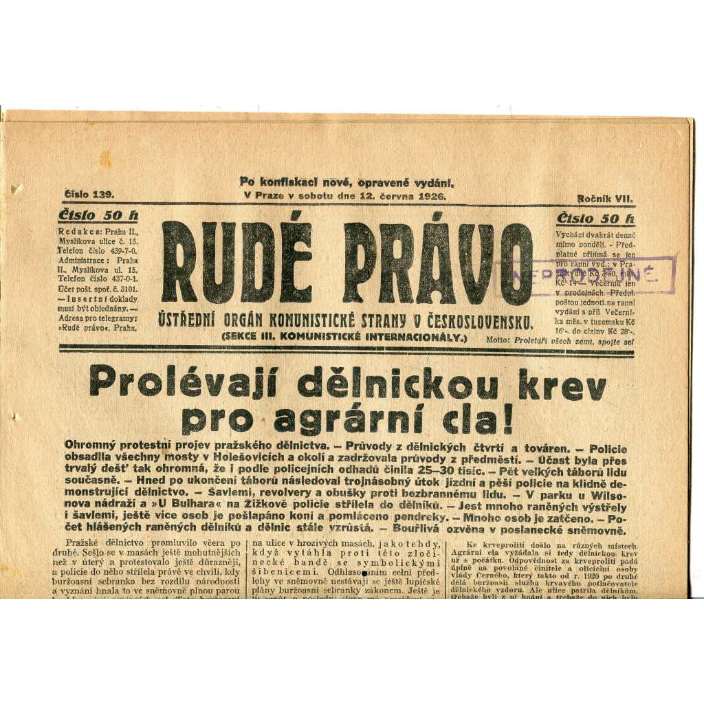 Rudé právo, ročník VII., číslo 139/1926 - staré noviny - [komunisté, komunismus] - nejsou kompletní