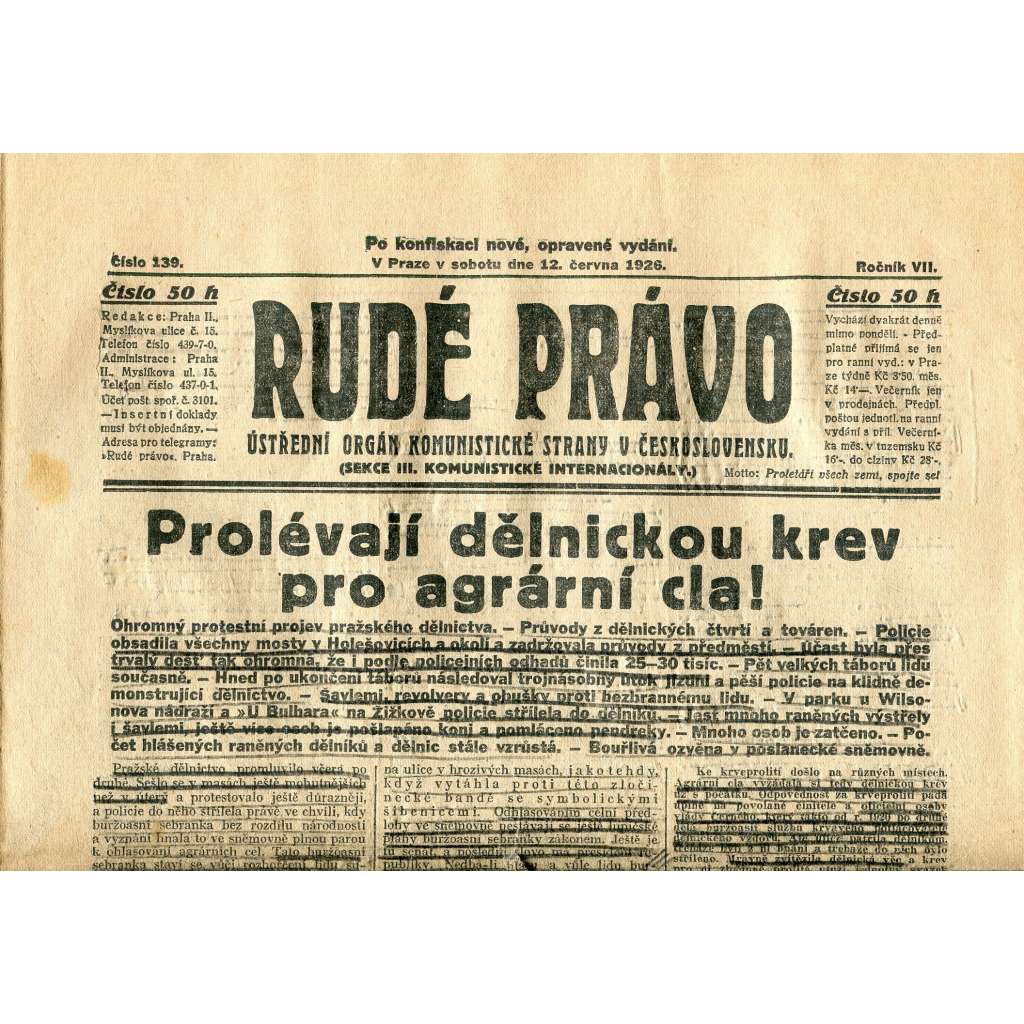 Rudé právo, ročník VII., číslo 139/1926 - staré noviny - [komunisté, komunismus] - nejsou kompletní