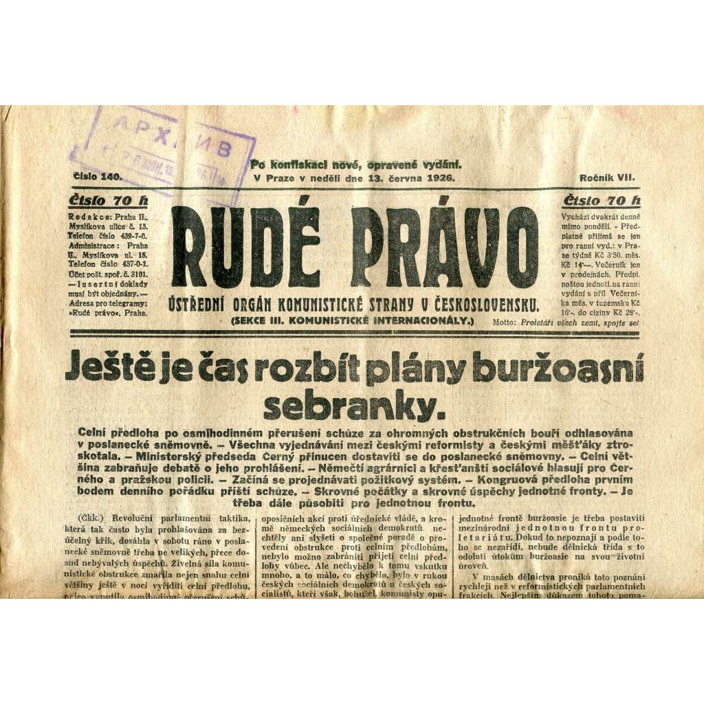 Rudé právo, ročník VII., číslo 140/1926 - staré noviny - [komunisté, komunismus]