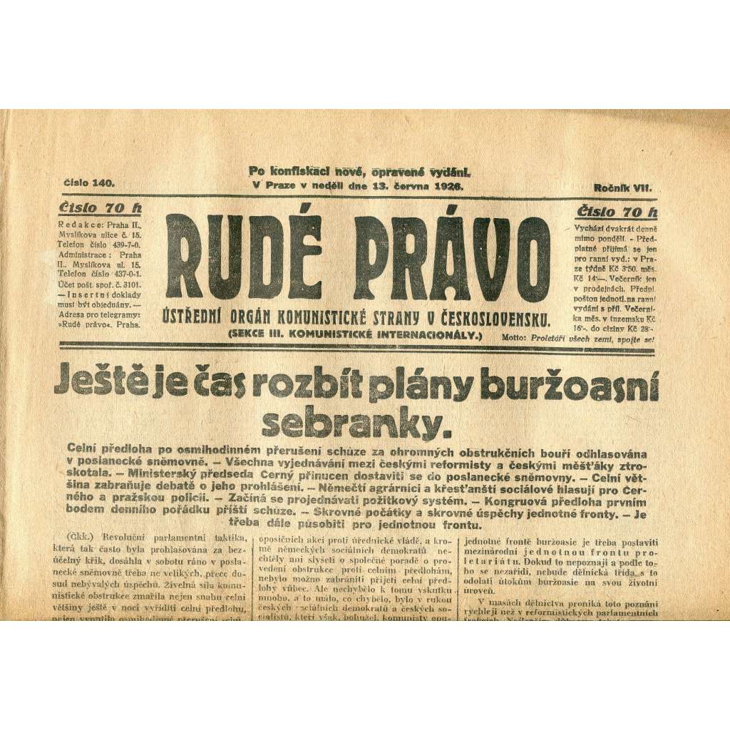 Rudé právo, ročník VII., číslo 140/1926 - staré noviny - [komunisté, komunismus]
