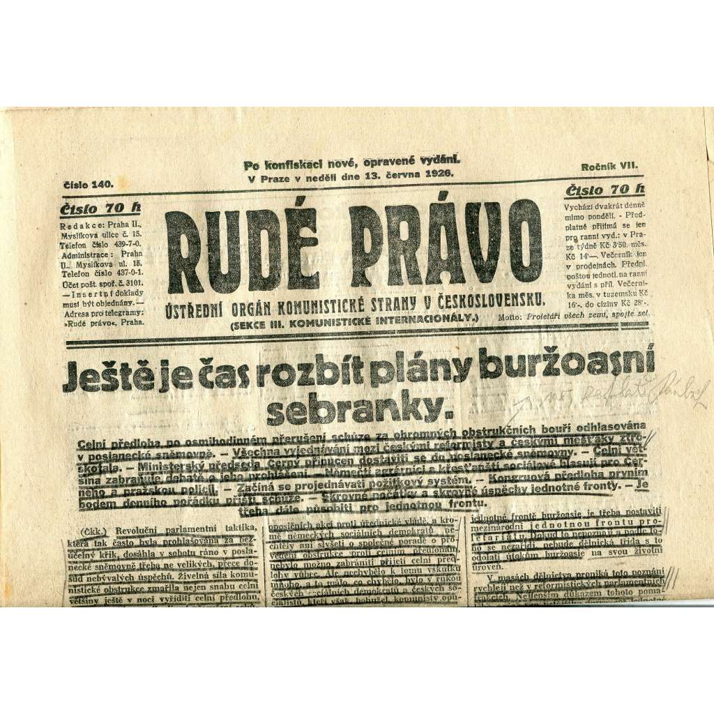 Rudé právo, ročník VII., číslo 140/1926 - staré noviny - [komunisté, komunismus] - nejsou kompletní