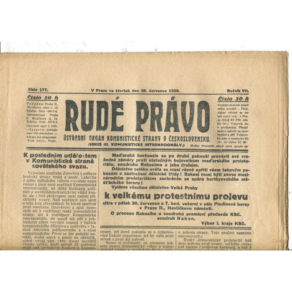 Rudé právo, ročník VII., číslo 177/1926 - staré noviny - [komunisté, komunismus]