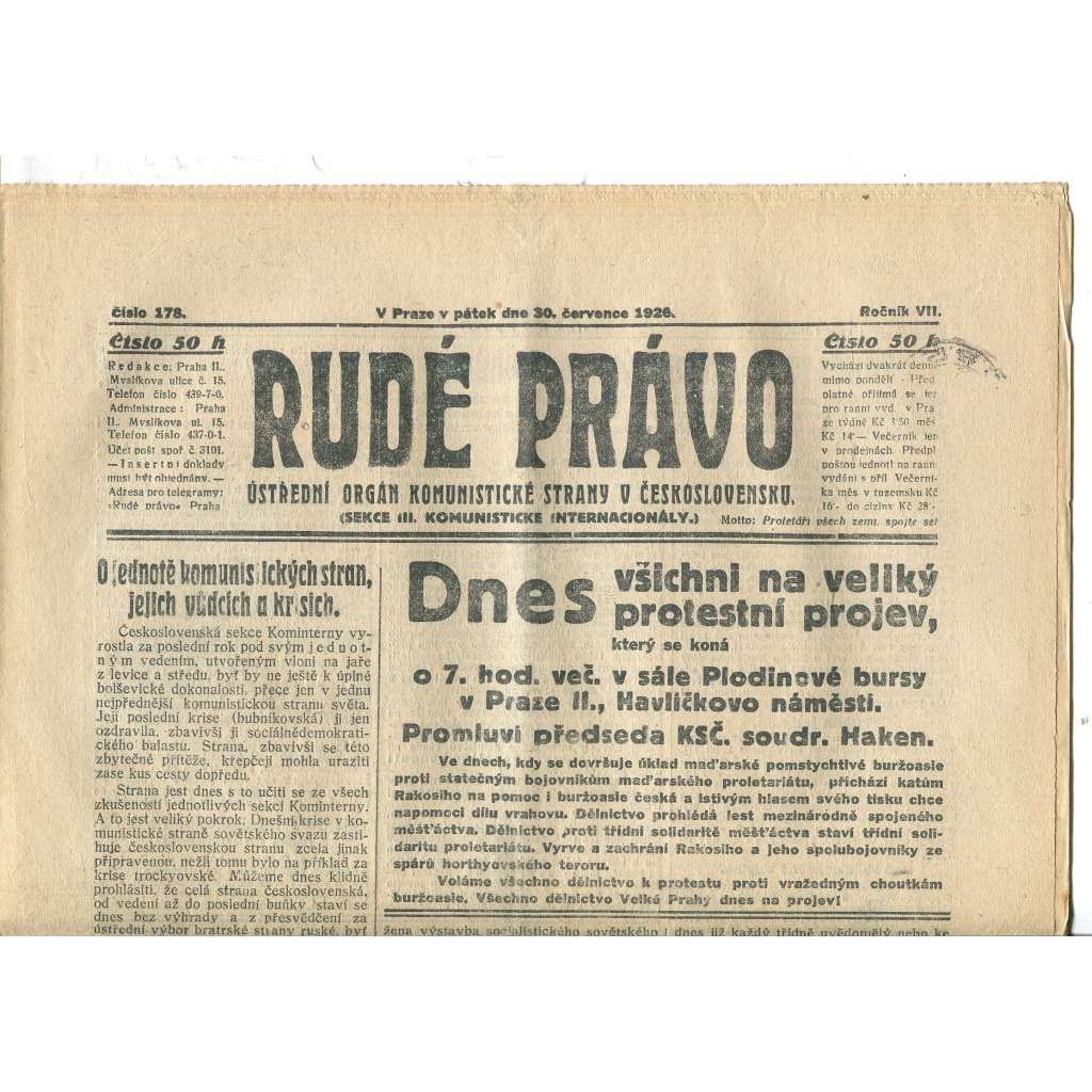 Rudé právo, ročník VII., číslo 178/1926 - staré noviny - [komunisté, komunismus]