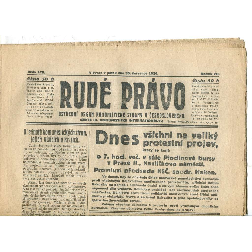 Rudé právo, ročník VII., číslo 178/1926 - staré noviny - [komunisté, komunismus]