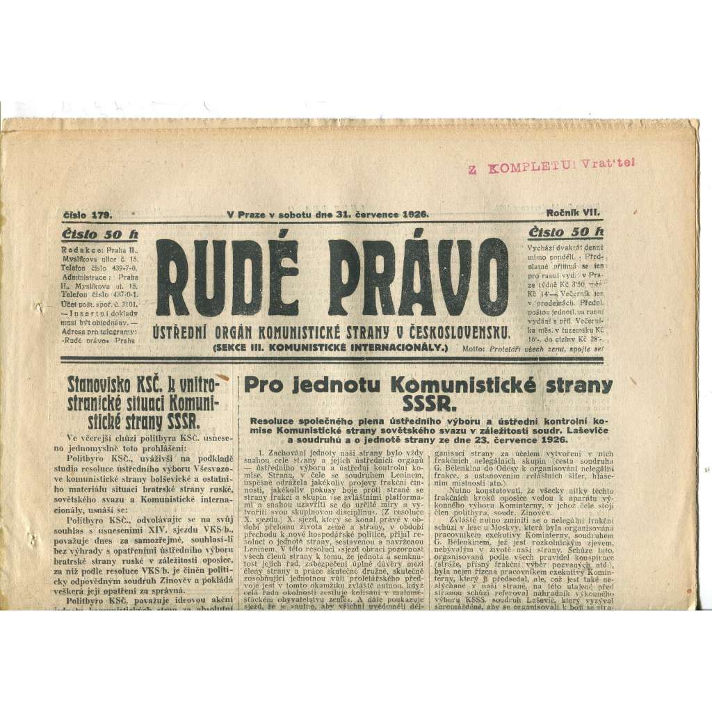 Rudé právo, ročník VII., číslo 179/1926 - staré noviny - [komunisté, komunismus]