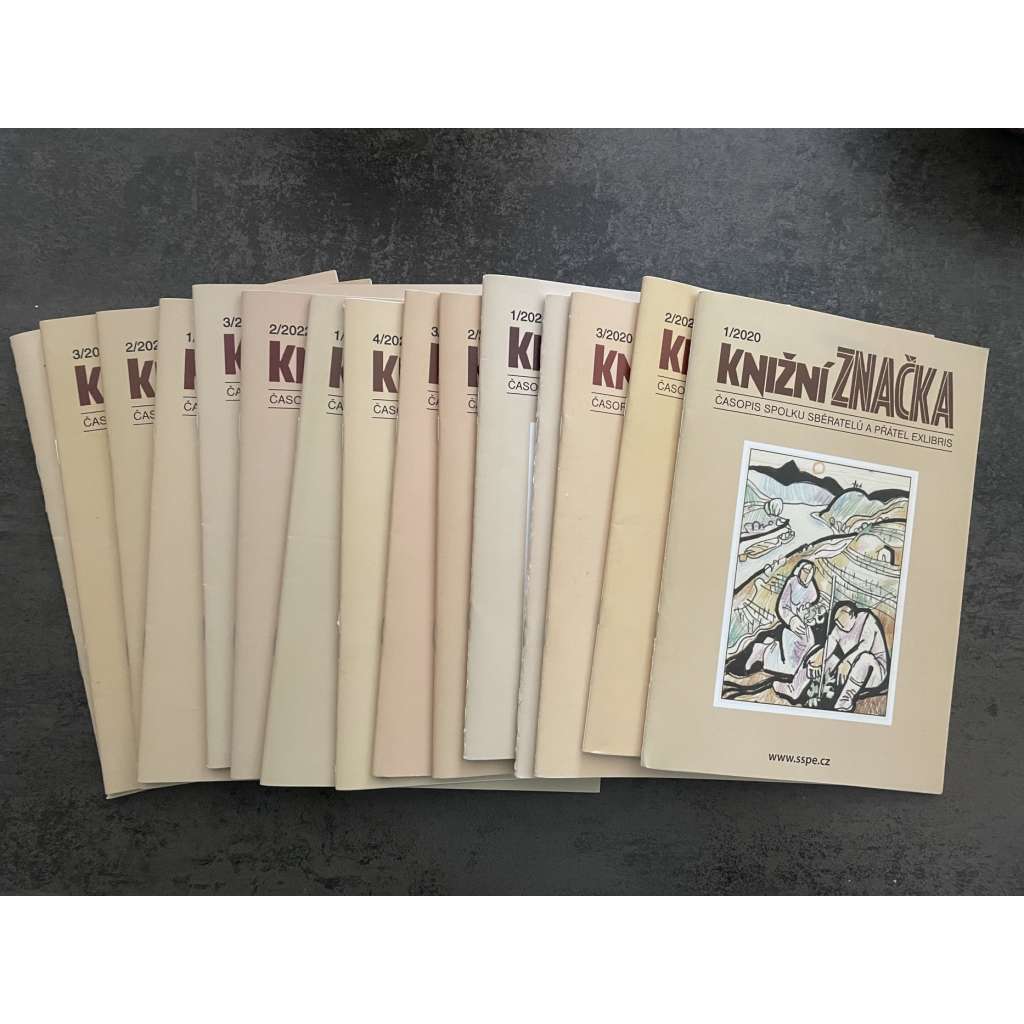 Knižní značka, číslo 1-4/2020, číslo 1-4/2021, číslo 1-3/2022 (chybí číslo 4) a číslo 1-4/2023. Časopis Spolku sběratelů a přátel exlibris