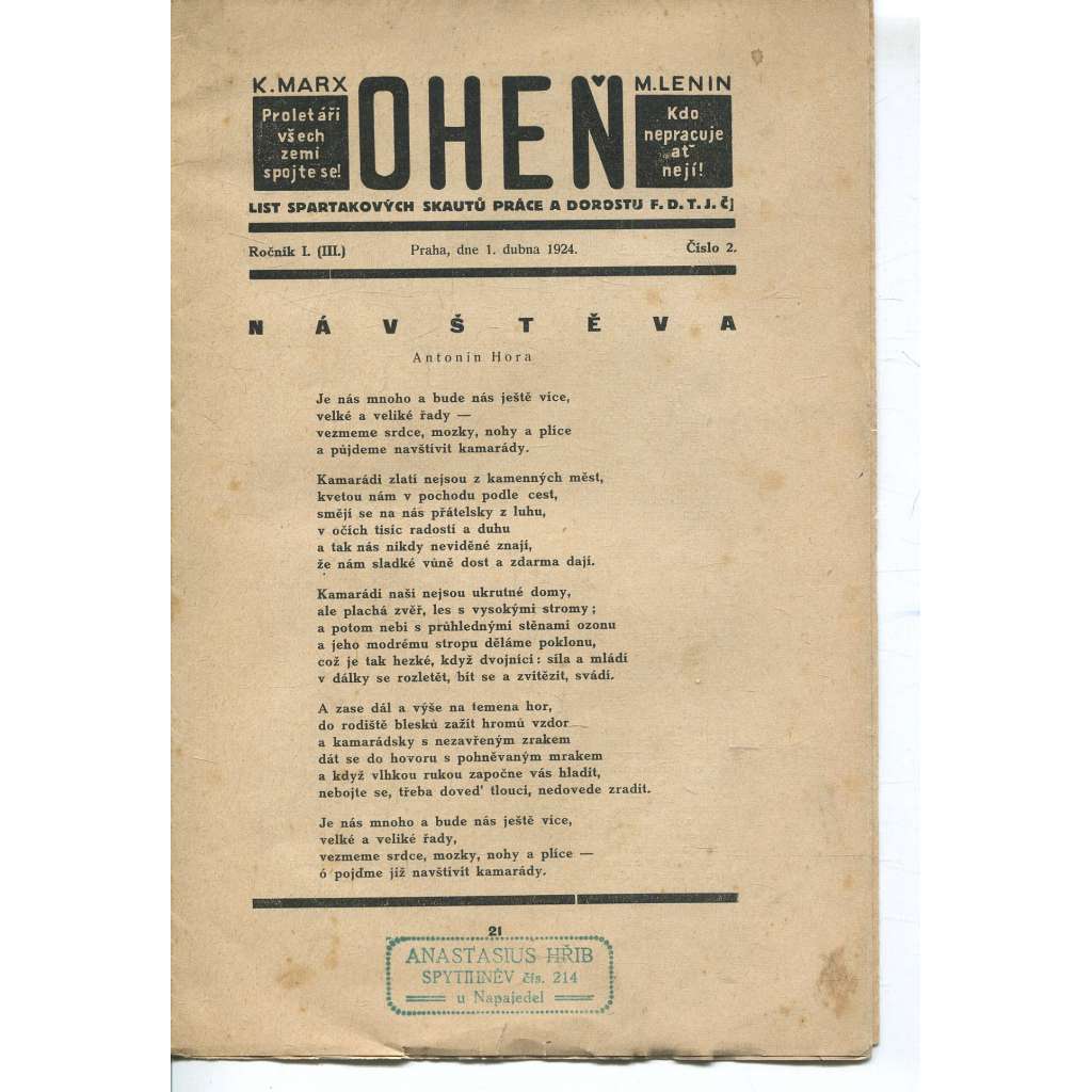 Oheň, ročník I., číslo 2/1924. List Spartakových skautů práce a dorostu FDTJČ (časopis)