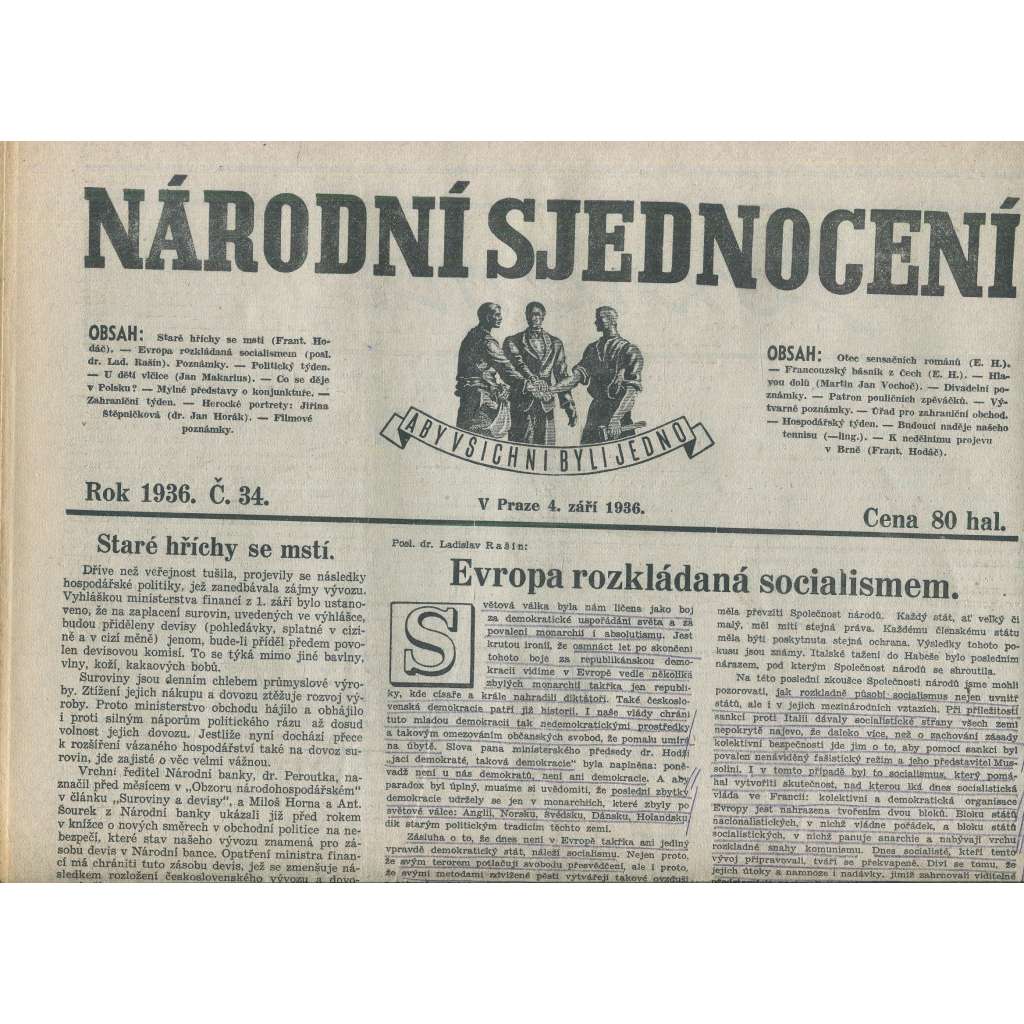 Národní sjednocení, číslo 34/1936 (noviny 1. republika)