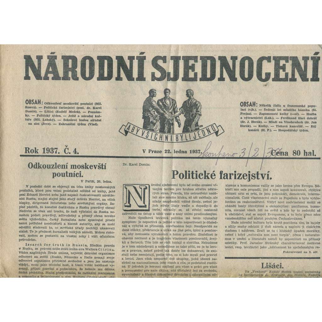 Národní sjednocení, číslo 4/1937 (noviny 1. republika)