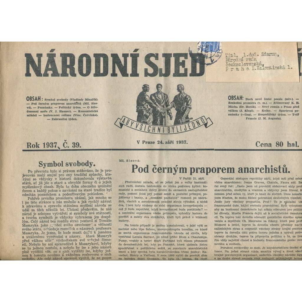 Národní sjednocení, číslo 39/1937 (noviny 1. republika)