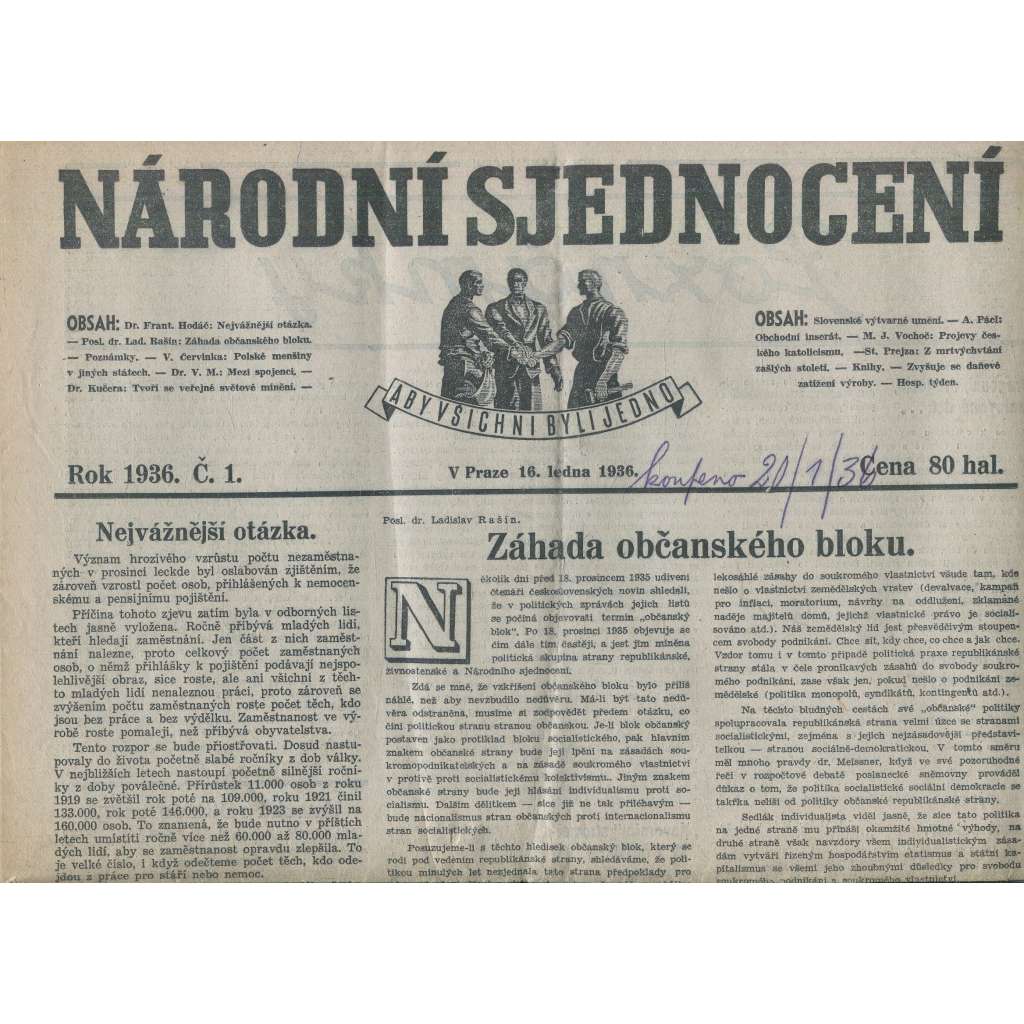 Národní sjednocení, číslo 1/1936 (noviny 1. republika) Národní sjednocení, číslo 1/1936 (noviny 1. republika)