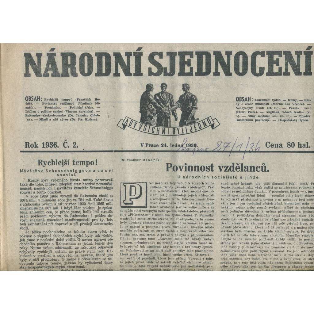 Národní sjednocení, číslo 2/1936 (noviny 1. republika) Národní sjednocení, číslo 2/1936 (noviny 1. republika)