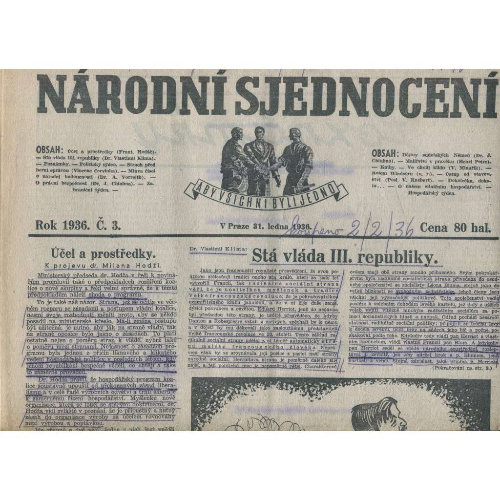 Národní sjednocení, číslo 3/1936 (noviny 1. republika) Národní sjednocení, číslo 3/1936 (noviny 1. republika)