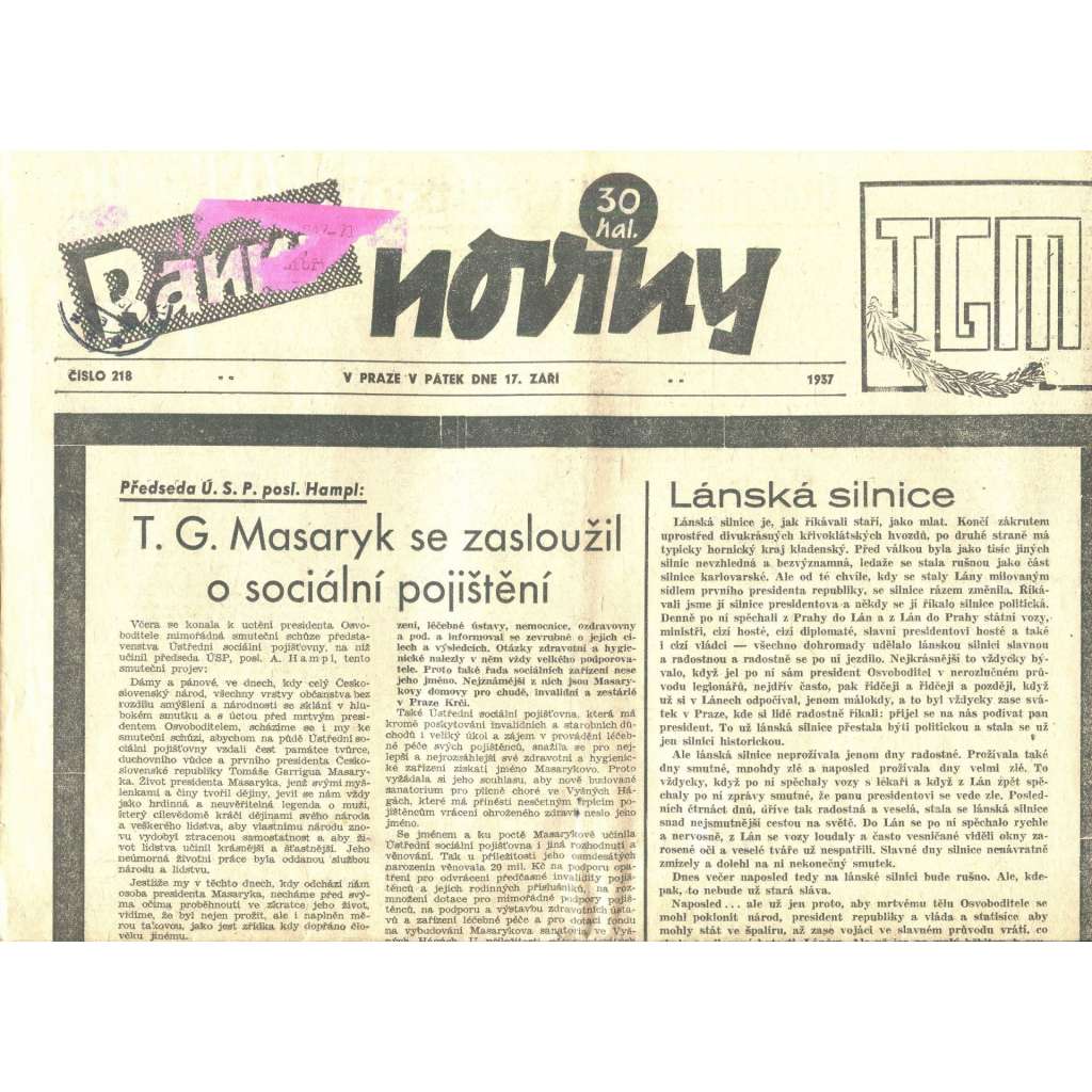 Ranní noviny, 1937 (smrt T. G. Masaryk, prezident) Ranní noviny, 1937 (smrt T. G. Masaryk, prezident)