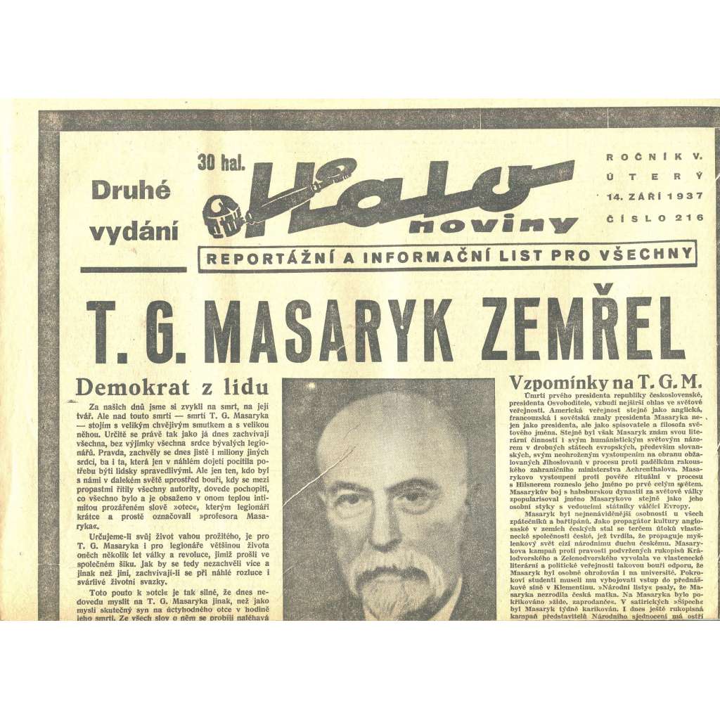 Halo noviny, 1937 (smrt T. G. Masaryk, prezident)