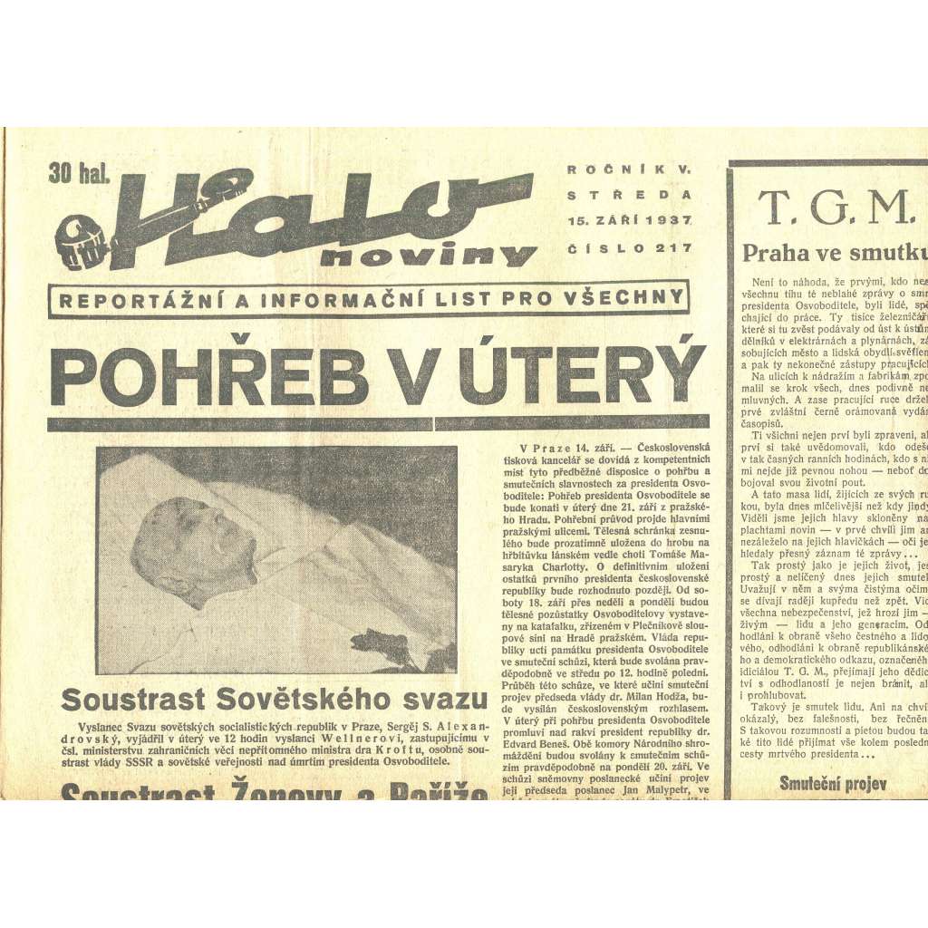 Halo noviny, 1937 (smrt T. G. Masaryk, prezident)