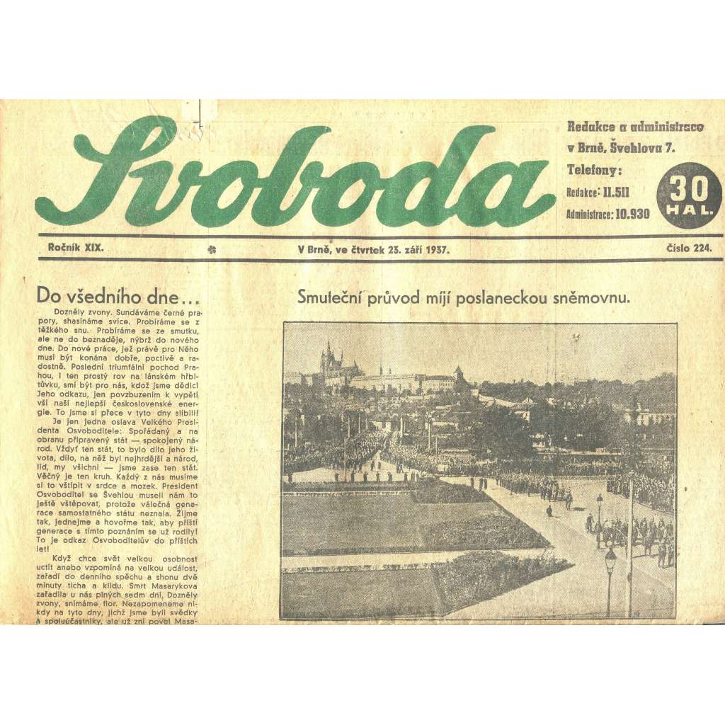 Svoboda, 1937 (smrt T. G. Masaryk, prezident) - noviny