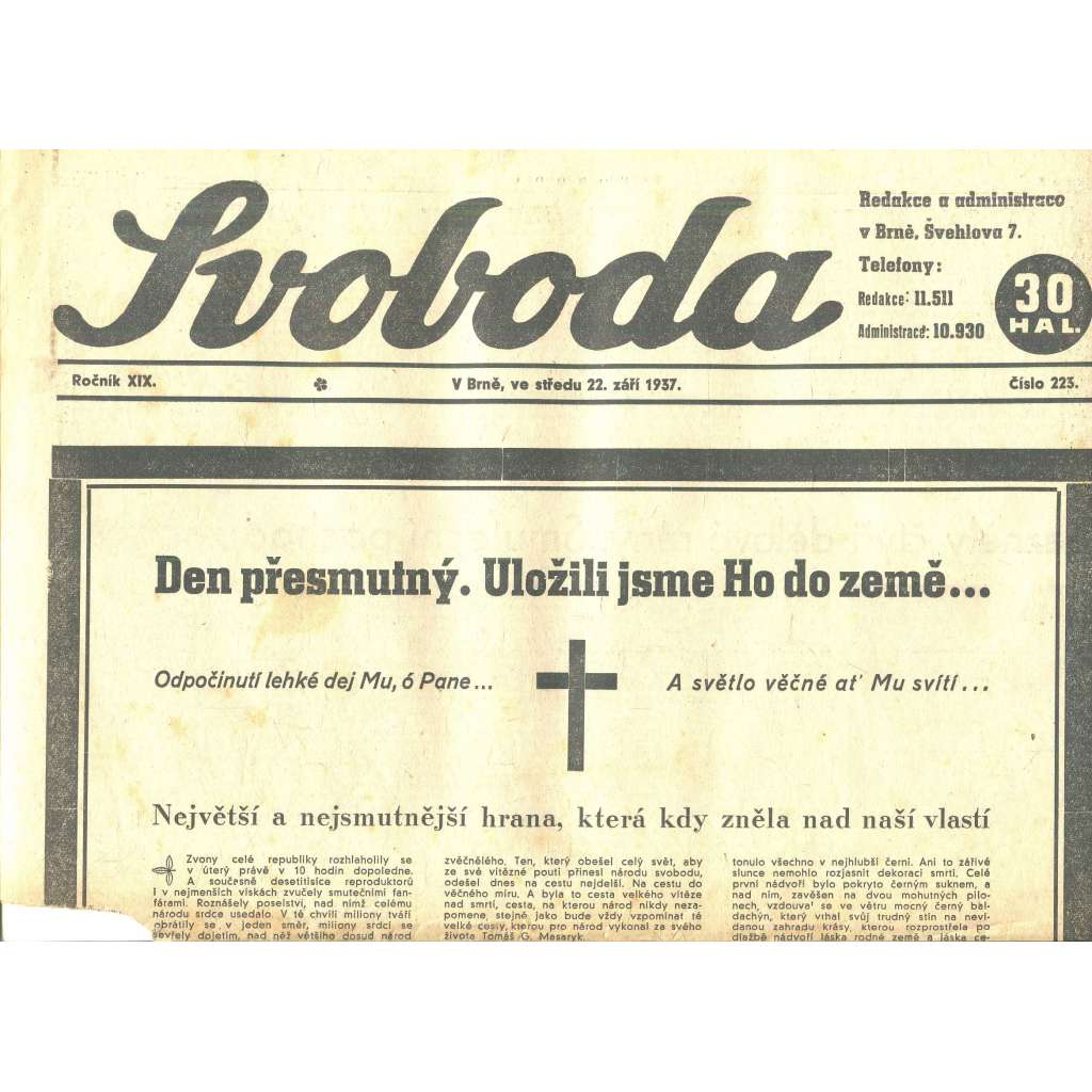 Svoboda, 1937 (smrt T. G. Masaryk, prezident) - noviny (pošk.)
