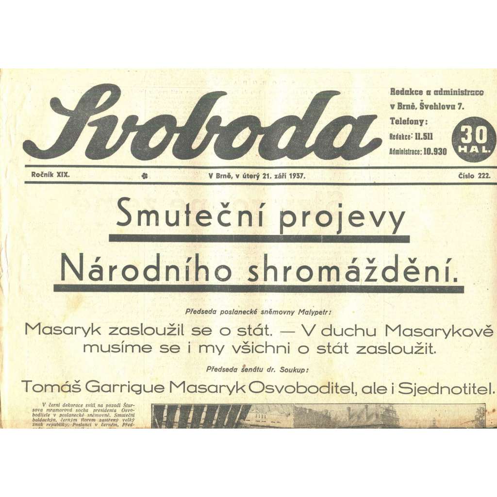 Svoboda, 1937 (smrt T. G. Masaryk, prezident) - noviny