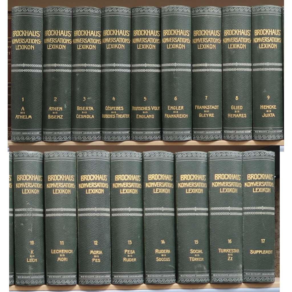 ENCYKLOPEDIE BROCKHAUS - 17 SVAZKŮ KOMPLET - VAZBY - Brockhaus Conversations-Lexikon (obsahuje barevné chromolitografie - ilustrace)
