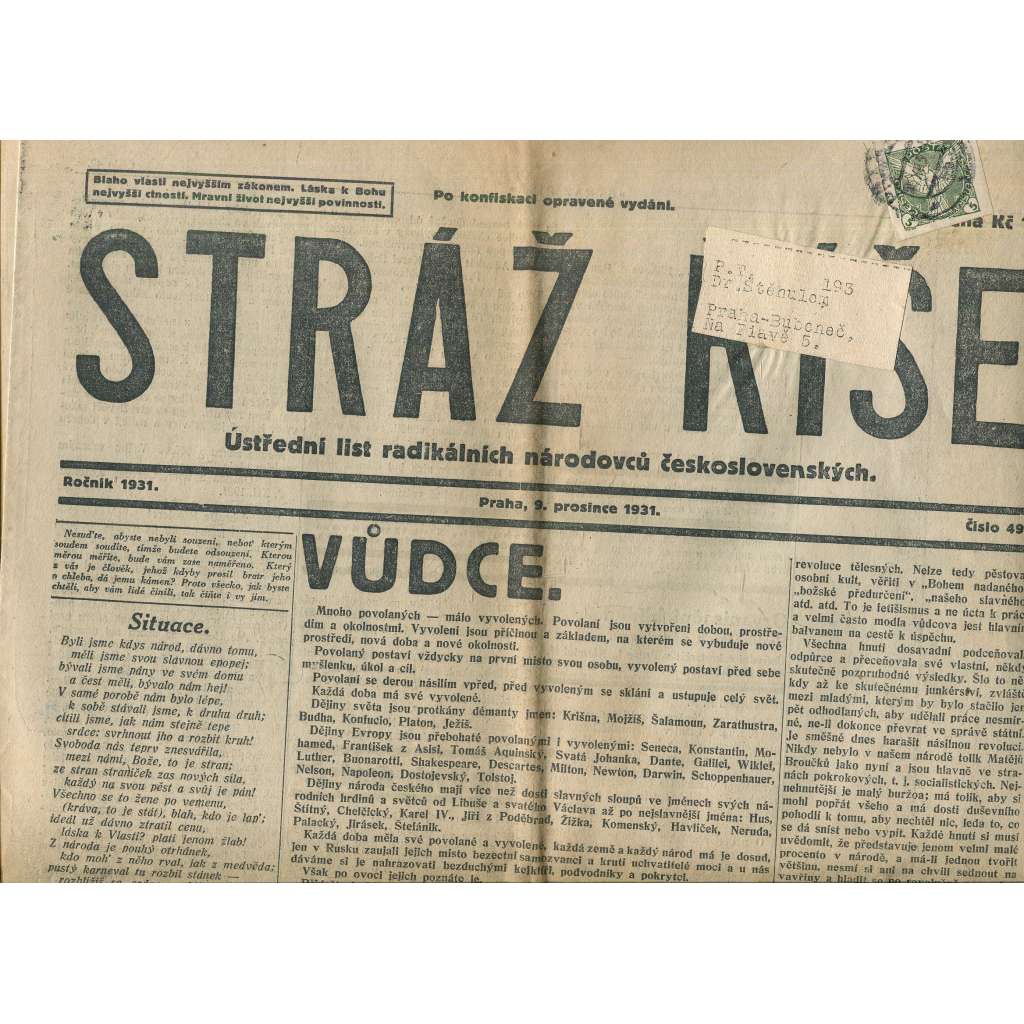 Stráž Říše, číslo 49/1931. Ústřední list vlasteneckého hnutí Národní obrany Fašistické (noviny, 1. republika)
